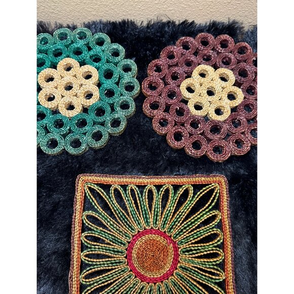 Vintage Woven Raffia Trivets Set Of 3 Round & Square Patterns Green Brown - Picture 2 of 7